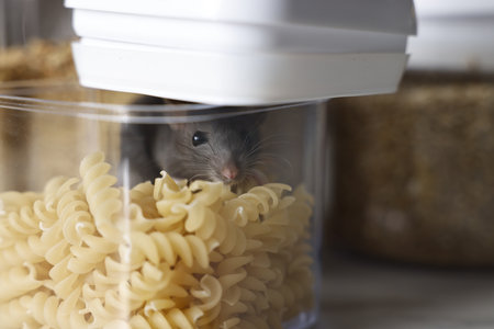 Grey rat in plastic container with raw pasta on table, closeup. Space for textの写真素材