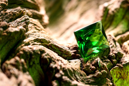Beautiful shiny green gemstone on stone, closeupの写真素材