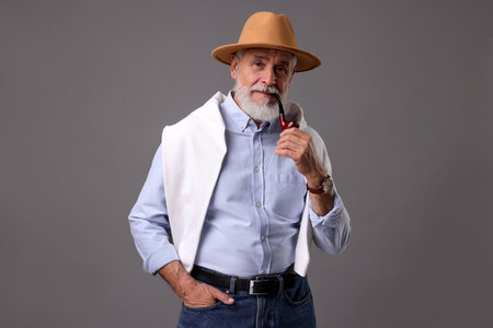 Bearded senior man with stylish hat and tobacco pipe on grey background