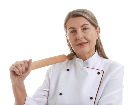 Chef with rolling pin on white backgroundの写真素材