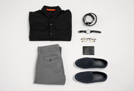 Stylish clothes, shoes and accessories on white background, flat layの写真素材