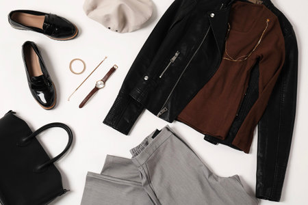 Stylish clothes, shoes and accessories on white background, flat layの写真素材