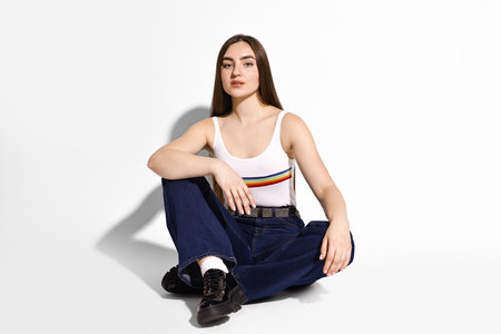 Beautiful young woman in stylish jeans on light background
