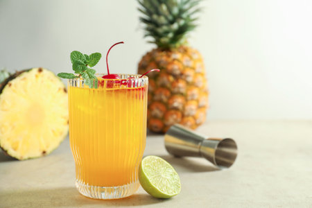Tasty pineapple cocktail with mint and cherry in glass served on light tableの写真素材