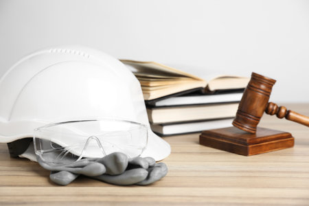 Accident at work concept. Gavel, books and construction worker's protective gear on wooden table, selective focusの写真素材