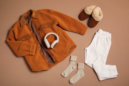 Stylish clothes, boots and accessories on beige background, flat layの写真素材