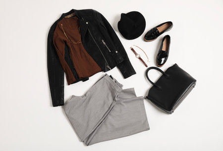 Stylish clothes, shoes and accessories on white background, flat layの写真素材