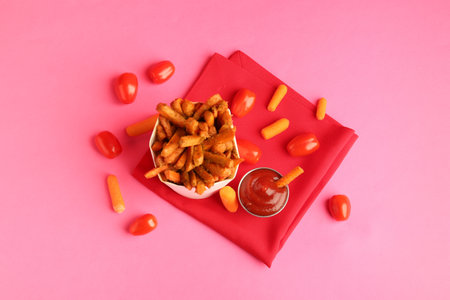 Tasty ketchup, tomatoes and fried carrots on pink background, flat lay
