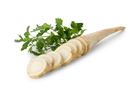 Fresh parsley and cut root isolated on whiteの写真素材