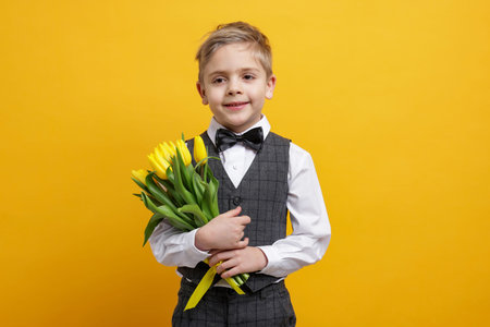 Cute little boy with bouquet of tulips on yellow background