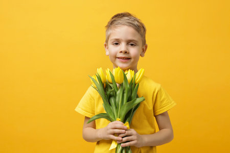 Cute little boy with bouquet of tulips on yellow background
