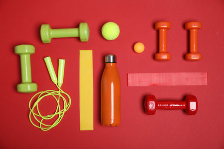 Different sports equipment and water bottle on red background, flat layの写真素材