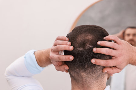 Baldness problem. Man with receding hairline near mirror in bathroom, back viewの写真素材