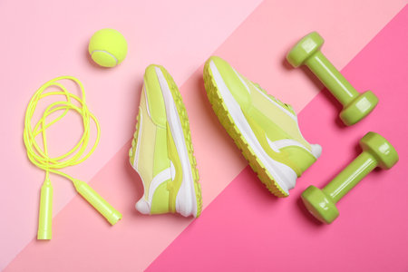 Different sports equipment and sneakers on pink background, flat lay