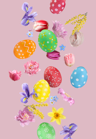 Easter eggs and beautiful spring flowers flying on pink background