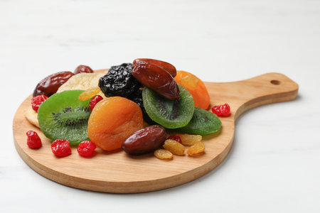 Mix of different dried fruits on white background, closeupの写真素材