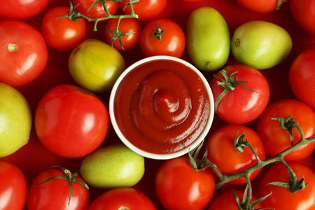 Ketchup in bowl and fresh tomatoes on red background, top viewの写真素材