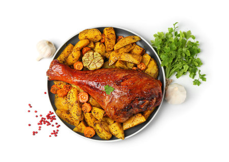 Baked turkey drumstick, vegetables and spices isolated on white, top viewの写真素材