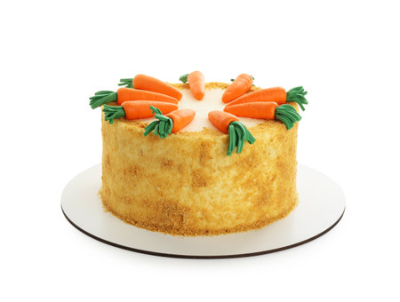 Delicious homemade carrot cake isolated on whiteの写真素材