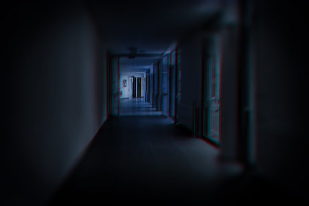 Dark empty corridor in hospital at night, glitch effect
