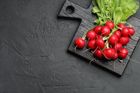 Many fresh radishes on dark textured table, top view. Space for textの写真素材