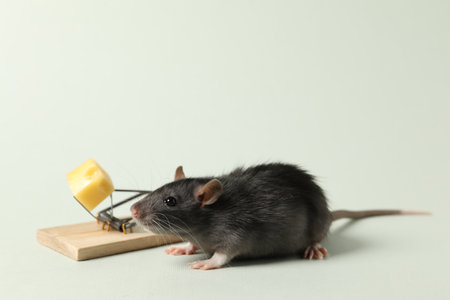 Rat and spring-loaded bar mousetrap with piece of cheese on light backgroundの写真素材