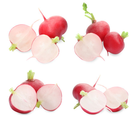 Whole and sliced fresh radishes isolated on white, setの写真素材