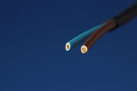 Black stripped electrical wire on blue background, closeup. Space for text