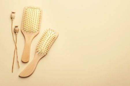 Wooden hair brushes and poppy heads on beige background, top view. Space for textの写真素材
