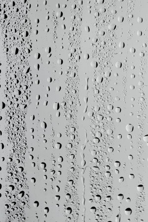 Water drops on gray glass surface, top view