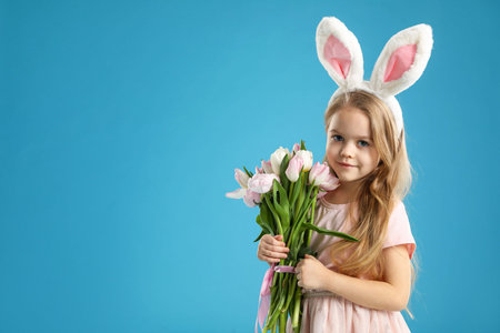 Cute little girl with bunny ears and spring flowers on light blue background, space for text. Easter...