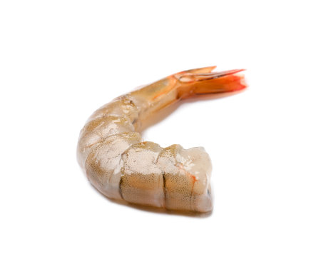 One fresh raw shrimp isolated on whiteの写真素材