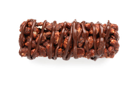 Delicious chocolate puffed rice bar isolated on white, top viewの写真素材