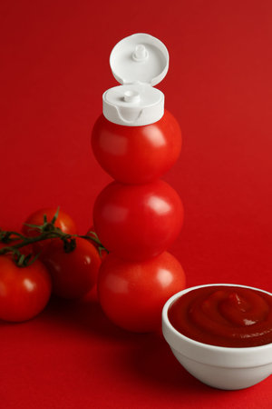 Stack of fresh tomatoes with plastic cap as bottle and ketchup in bowl on red backgroundの写真素材