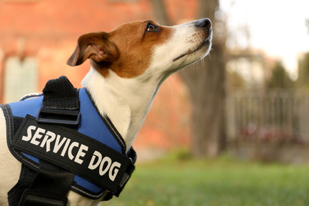 Cute Jack Russell Terrier wearing service dog vest outdoors, closeup. Space for textの写真素材