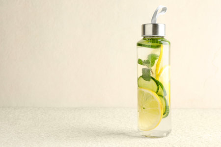 Lemon water with mint and slices of cucumber in bottle on beige table, space for textの写真素材