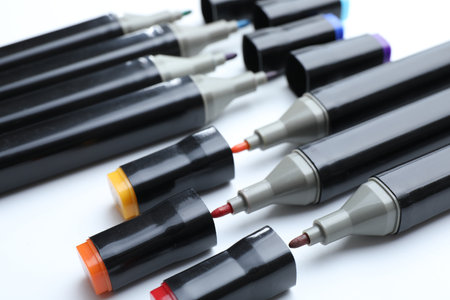 Many colorful markers on white background, closeupの写真素材