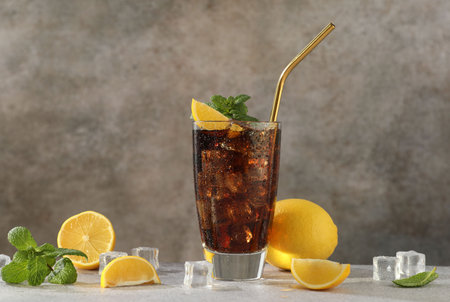 Fresh iced cola with mint and lemons on gray tableの写真素材