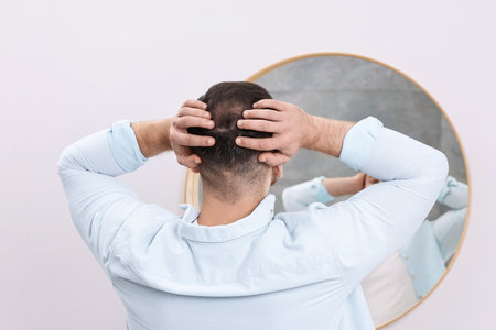 Baldness problem. Man with receding hairline near mirror in bathroom, back viewの写真素材