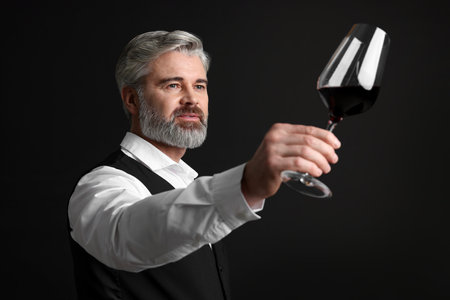 Professional sommelier analyzing quality of red wine on black backgroundの写真素材