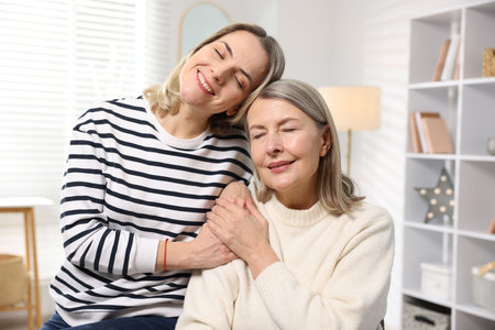 Smiling daughter and her mother at homeの写真素材