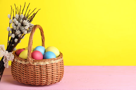 Beautiful decorated Easter eggs in wicker basket and willow branches on pink wooden table against...