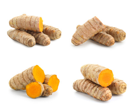 Set of turmeric roots isolated on whiteの写真素材