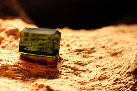 Beautiful shiny green gemstone on stone, space for text