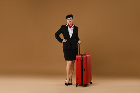Smiling stewardess with suitcase on brown backgroundの写真素材