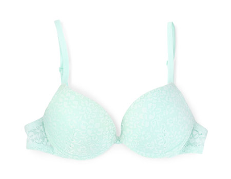 Beautiful turquoise bra isolated on white, top viewの写真素材