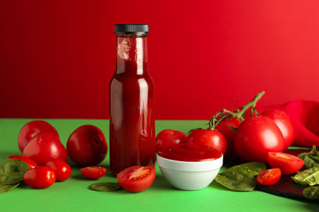Ketchup, tomatoes and spinach on color backgroundの写真素材