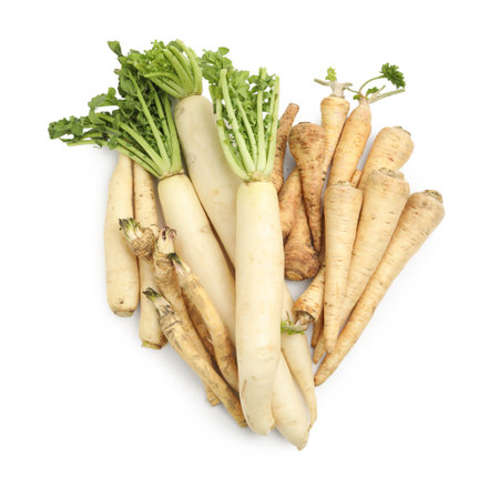 Many different root vegetables isolated on white, top viewの写真素材