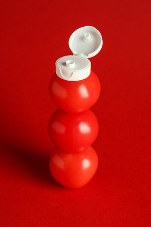 Stack of fresh tomatoes with plastic cap as bottle on red background