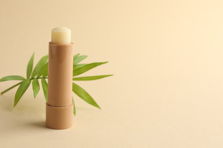 Lip balm and leaves on beige background, closeup. Space for textの写真素材